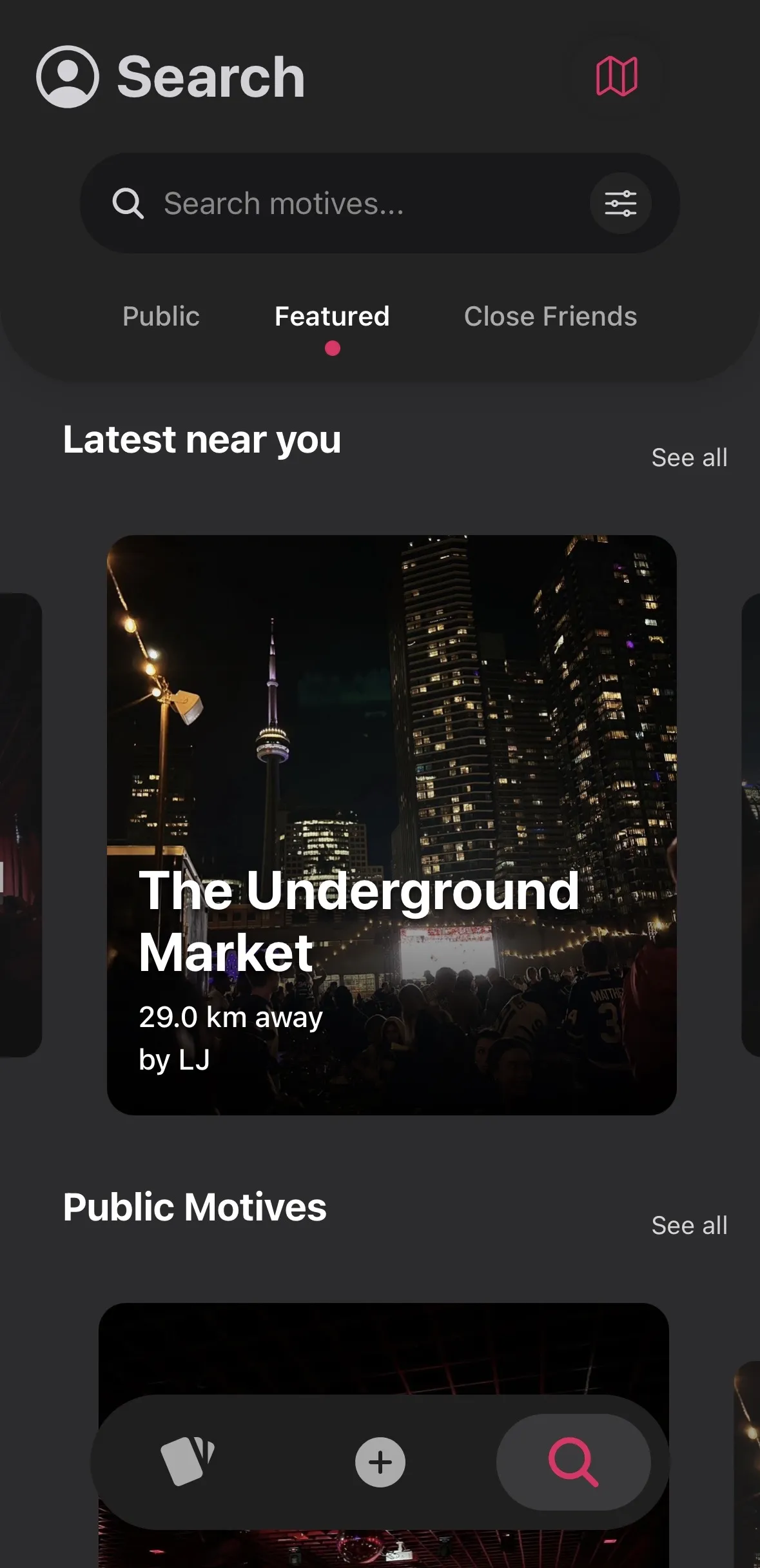 Motivez discover screen showing nearby events and places filtered by mood and budget