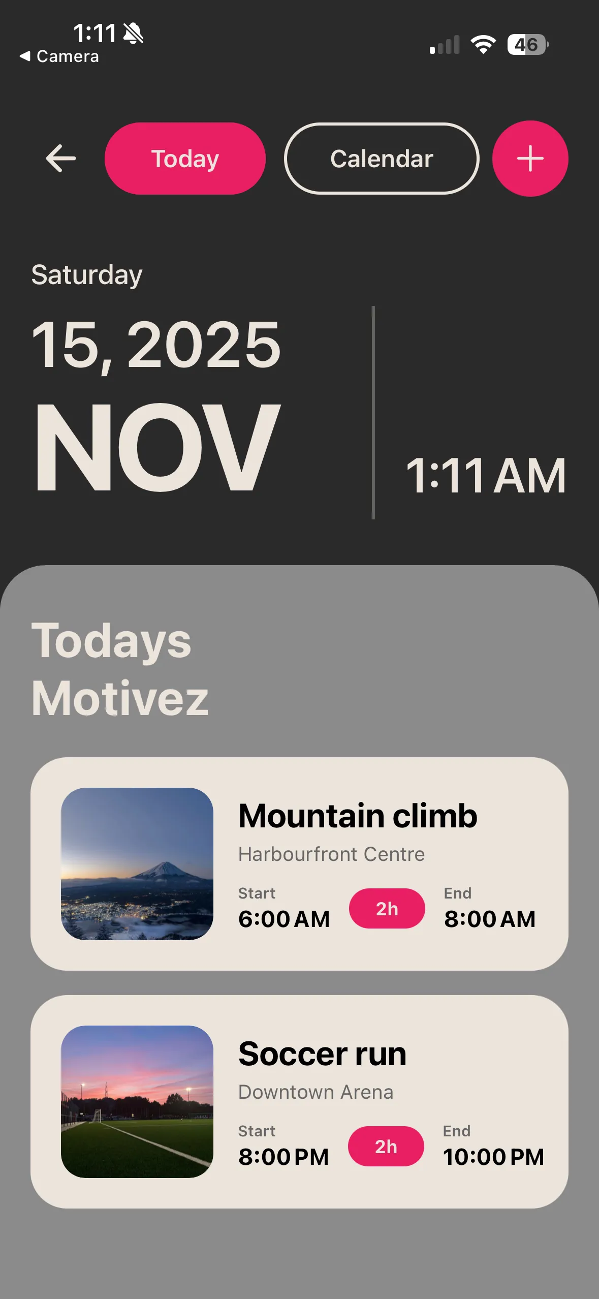 Motivez calendar screen showing planned hangouts synced automatically with friends
