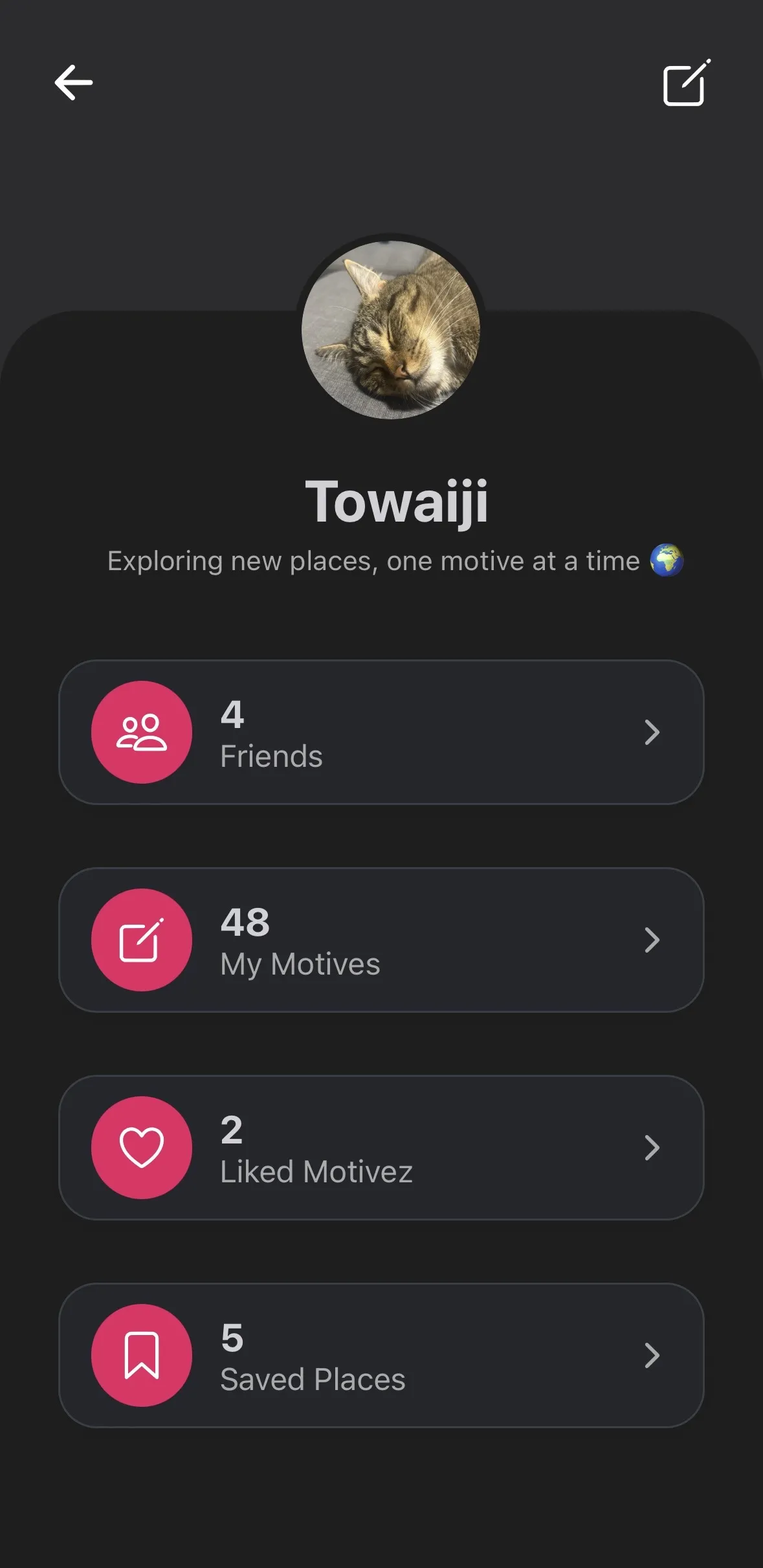 Motivez profile screen showing saved places, created motives, and friends' activity stats